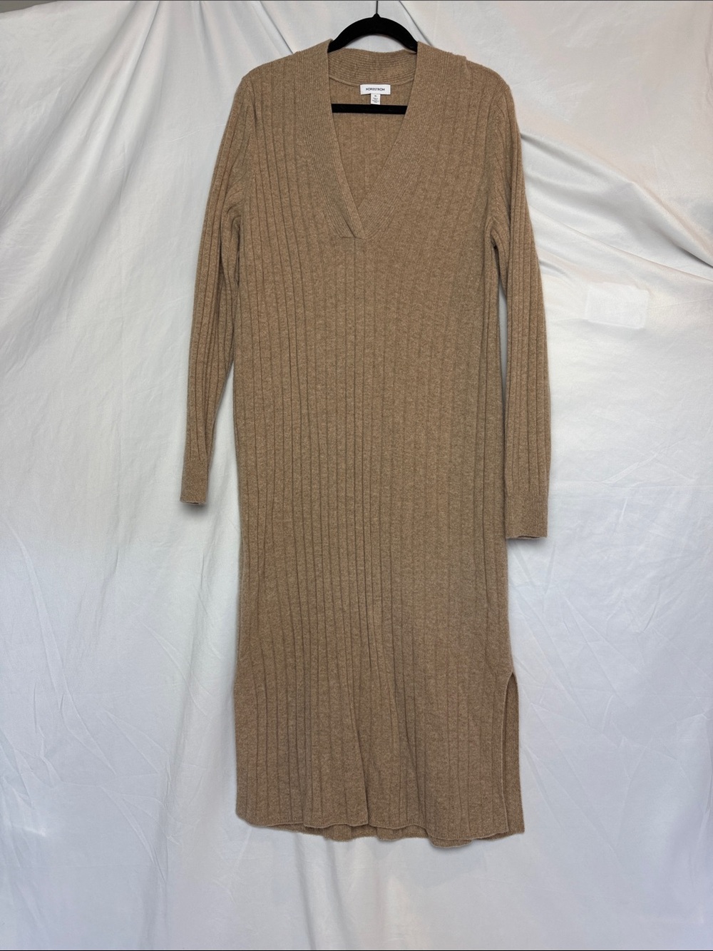 Nordstrom Camel Ribbed V-Neck Long Sleeve Cashmere Dress